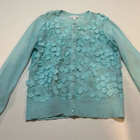 Charter Club Blue Chiffon 3D Floral Embellished Crew Neck Cardigan - Picture 6 of 9